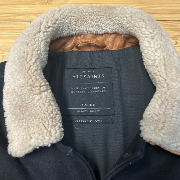 All Saints Mens L Bomber Jacket BIWA Wool Leather Black Varsity Y2K Streetwear - Picture 2 of 8